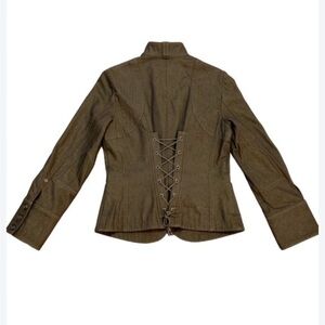 Gorgeous ETCETERA olive green moto biker jacket jacket coat with tie up back.